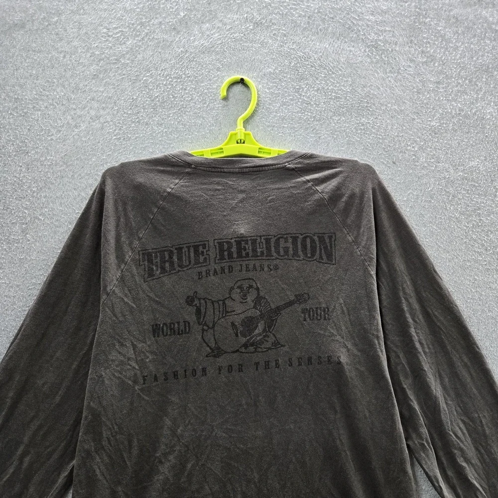 True Religion‎ Men Shirt XL Gray Guitar Buddha Henley Grunge Button Long Sleeve